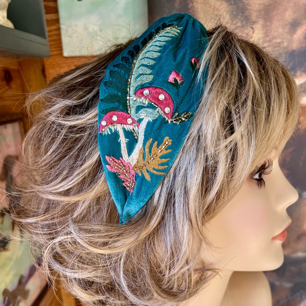 Embroidered Toadstool Velvet Headband - Picture 3 of 9